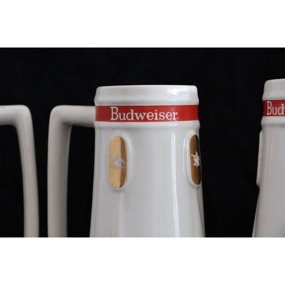 Vintage Set Of Five 1965 Budweiser Beer Mugs White Red Gold Pottery - Picture 3 of 7